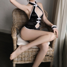 Sexy Black Cheongsam Lingerie Backless Woman Adults Housemaid Maid Uniform Halloween Costumes