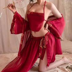 Sexy Cosplay Costumes Chinese Fairy Dress Women Erotic Lingerie set Red Traditional Hanfu Skirt Backless Top Belt Robe Clothing