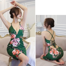 Women Backless Sexy Lingerie Green Floral Fragments Suspender Strap Wrapped Hip Skirt Babydoll Sexy Underwear Uniform