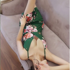 Women Backless Sexy Lingerie Green Floral Fragments Suspender Strap Wrapped Hip Skirt Babydoll Sexy Underwear Uniform