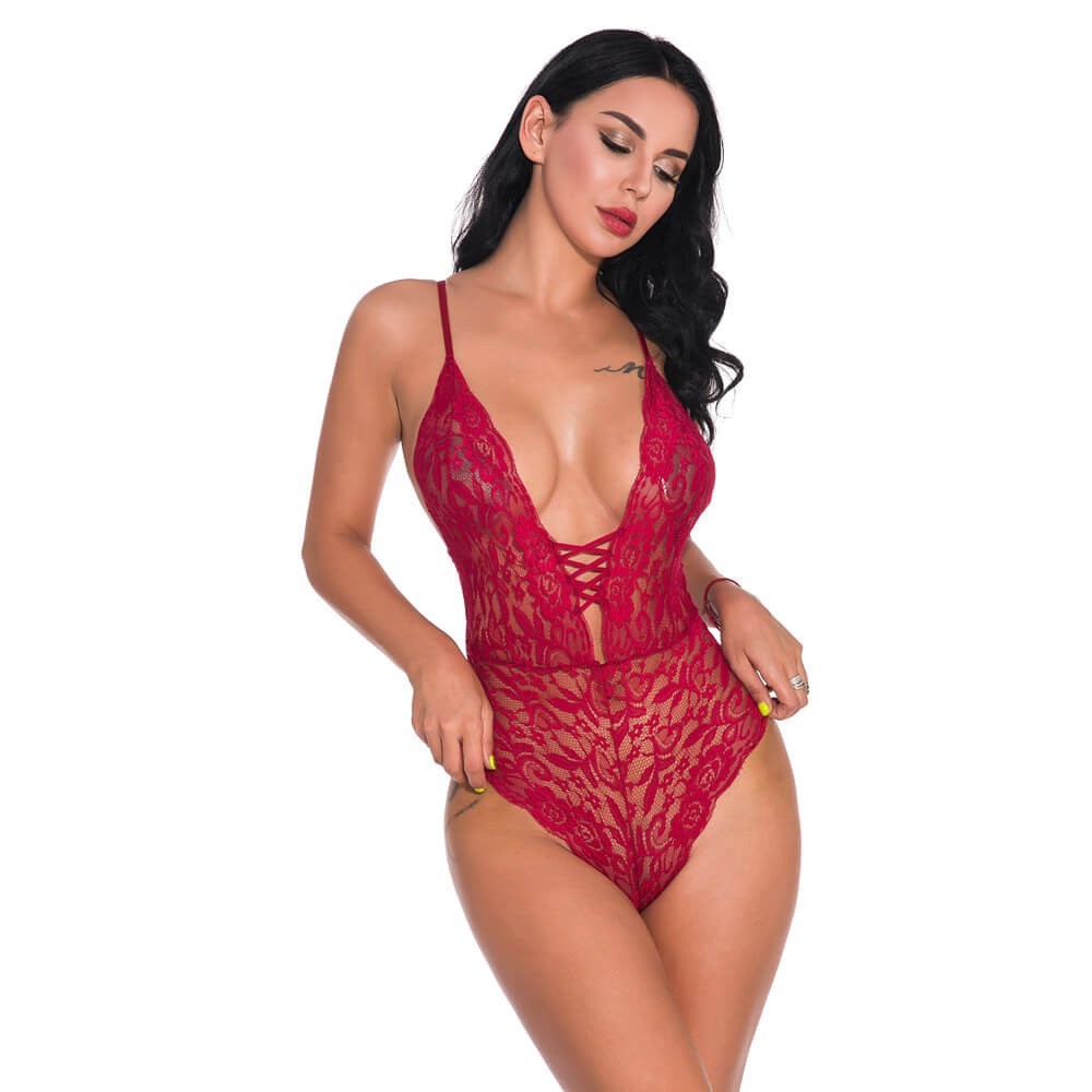 Women Snap Crotch Lingerie Sexy Lace Bodysuit Deep V Teddy One Piece Lace Babydoll