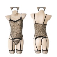 Leopard Costume Lingerie Set Women Backless Fancy Strap Mesh Bandage Exotic Lingerie Sexy Underwear Sex Clothes