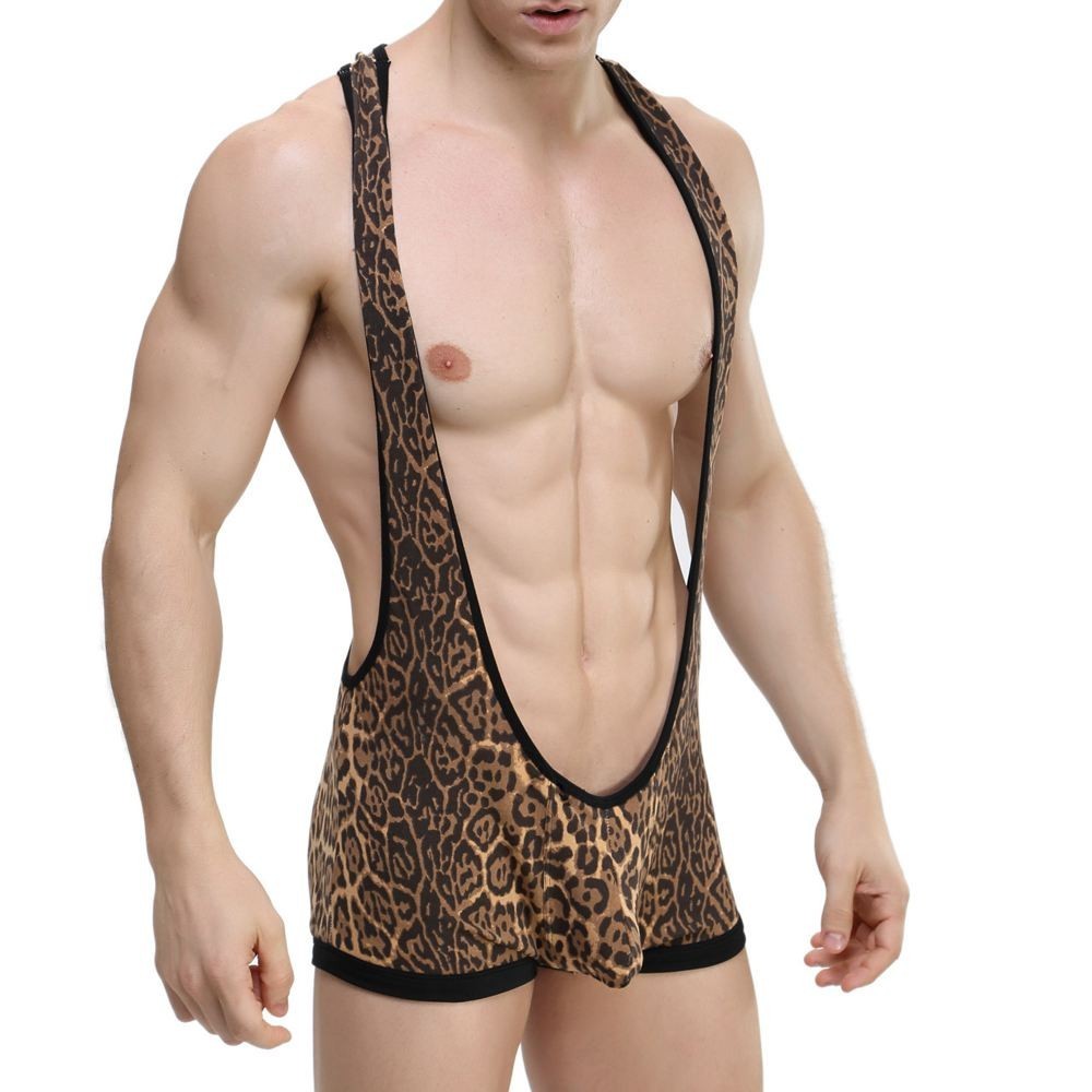 Sexy Mens Leopard Undershirts Jockstrap Bodysuits Camo Jumpsuits Wrestling Singlet One-Piece Leotard Gay Teddies Underwear