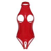 Sexy Womens Lingerie Cutout Patent Leather Bodysuit Halter Neck Backless One Piece Erotic Open Crotch Teddies Costume