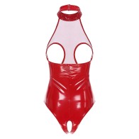 Sexy Womens Lingerie Cutout Patent Leather Bodysuit Halter Neck Backless One Piece Erotic Open Crotch Teddies Costume